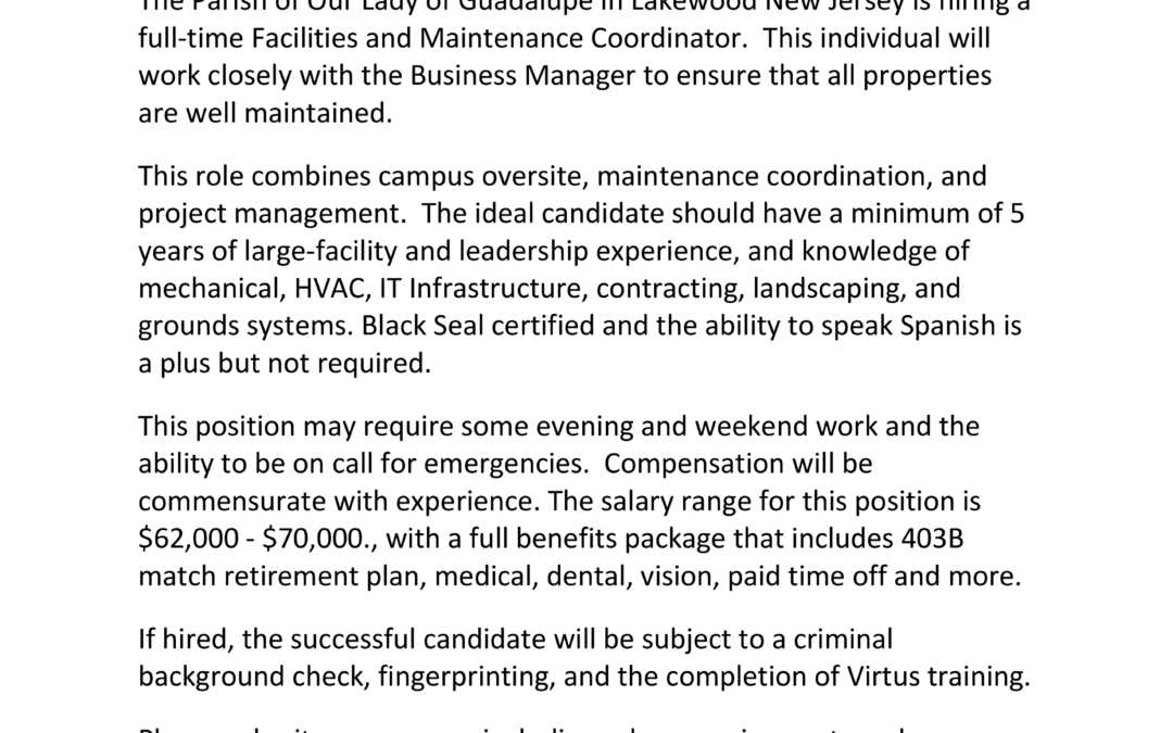 Now Hiring: Facilities & Maintenance Coordinator